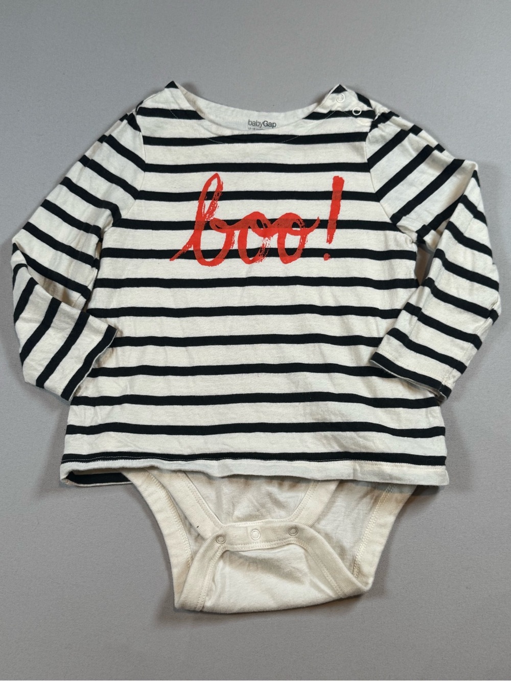 Baby Gap “BOO” Halloween Black & White Stripe Long Sleeve Bodysuit Top 12-18mo